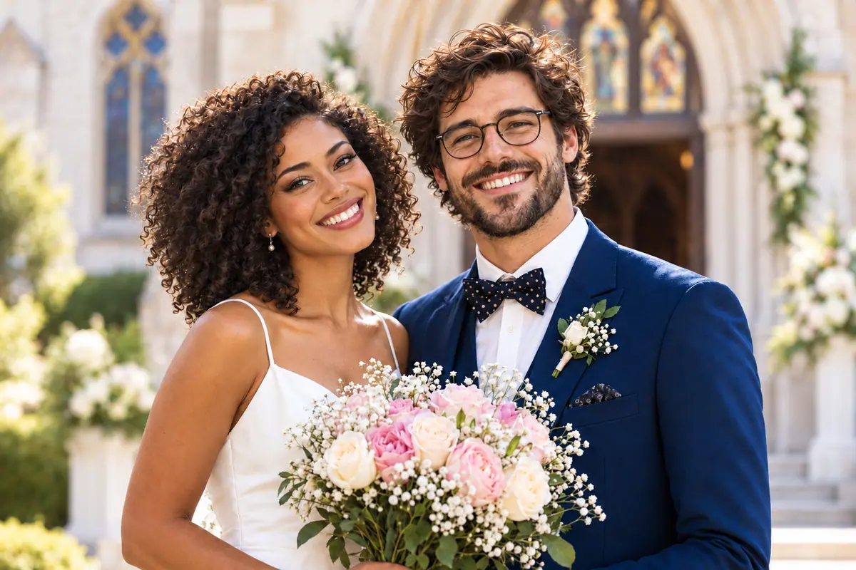 Smiling bride and groom with flowers in front of a church