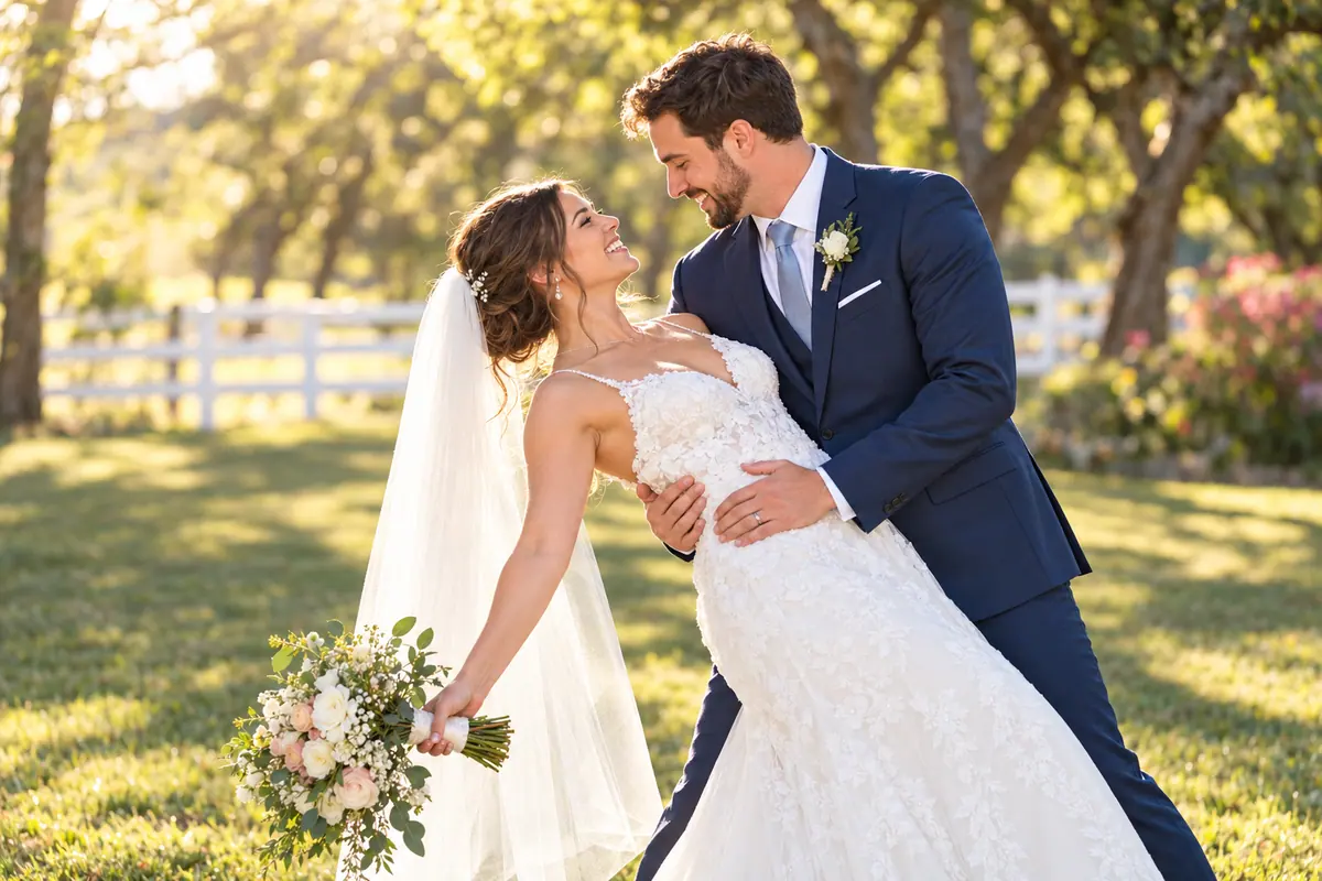 Wedding photo of a happy couple dancing under the trees