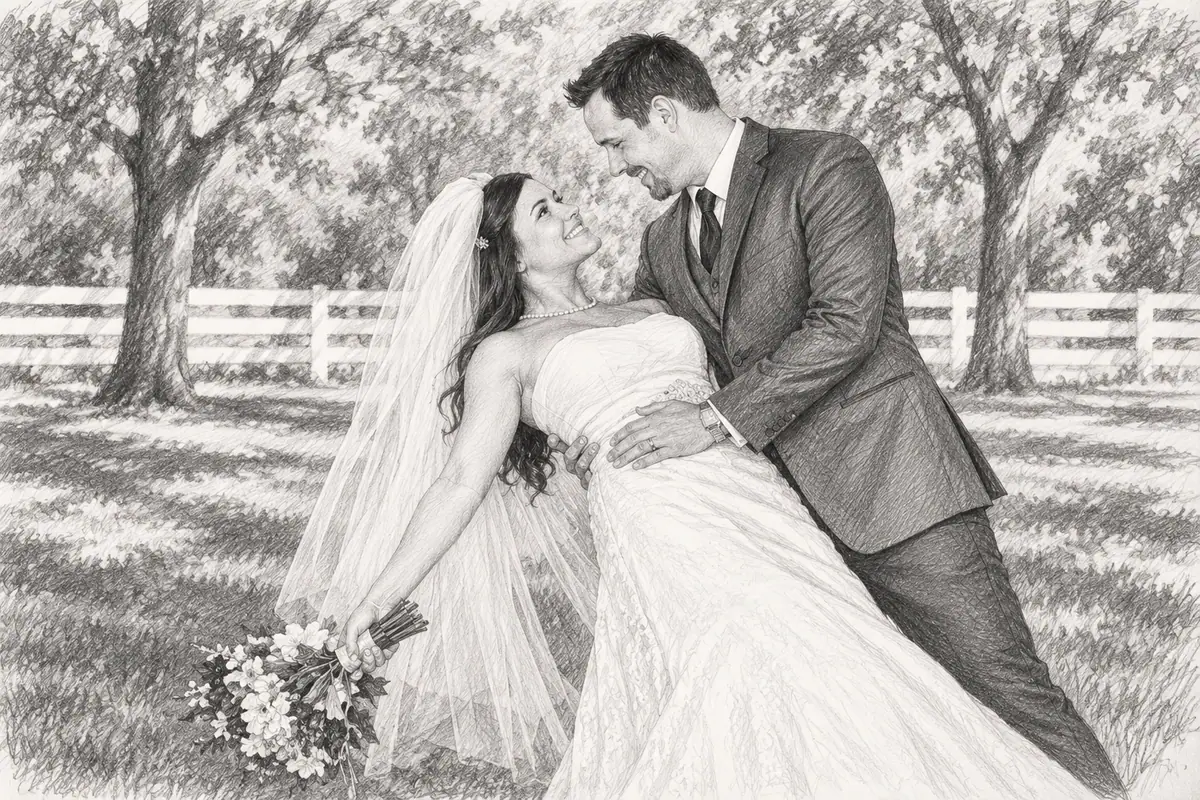 The same wedding couple drawn as a soulmate sketch in pencil
