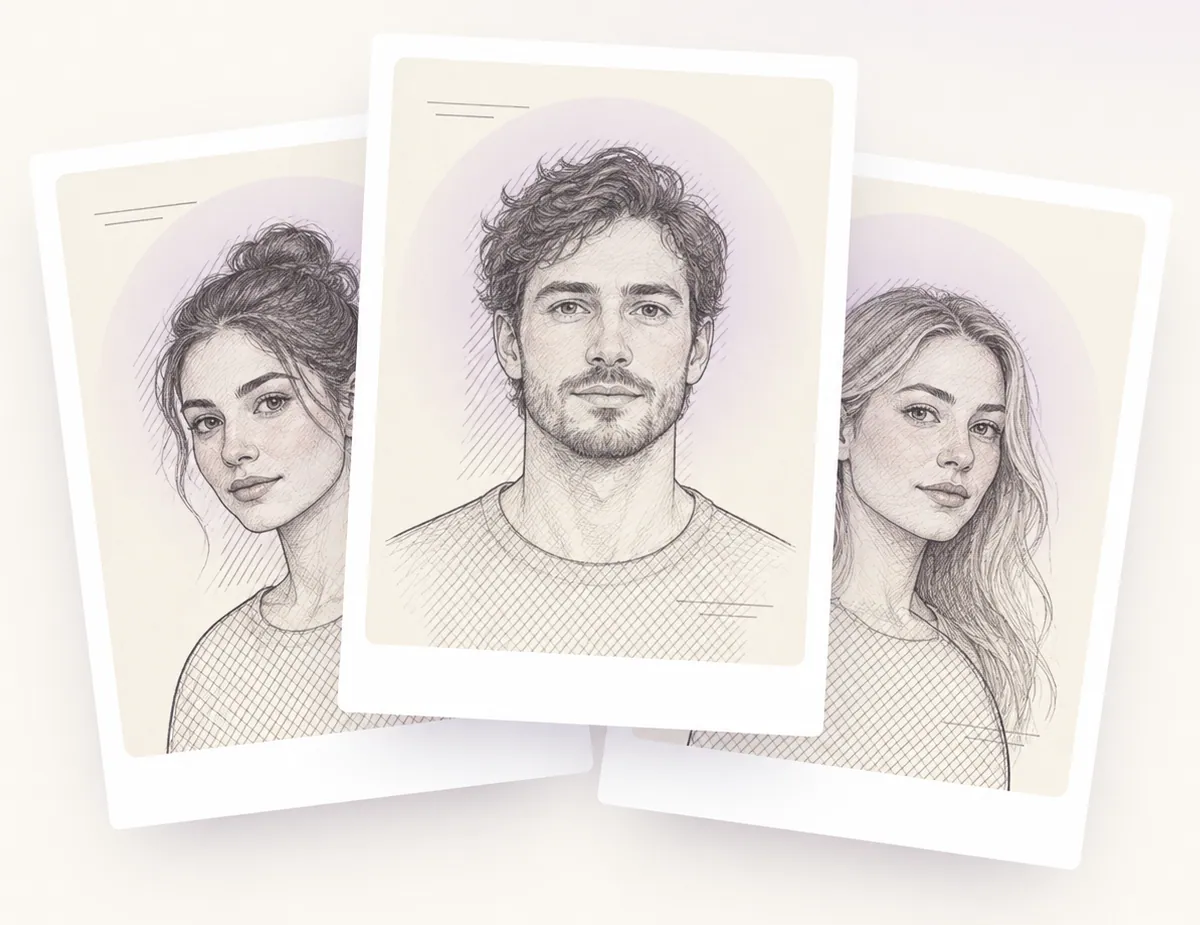 Soulmate sketch illustrations: pencil portraits of two women and a man