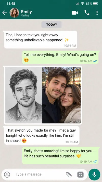 Illustration: a chat about meeting someone who looks like a soulmate sketch (not a real customer message)