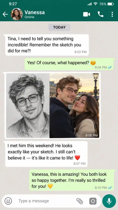 Illustration: a chat about meeting someone who looks like a soulmate sketch (not a real customer message)