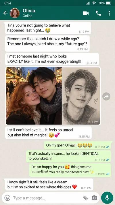 Illustration: a chat about meeting someone who looks like a soulmate sketch (not a real customer message)
