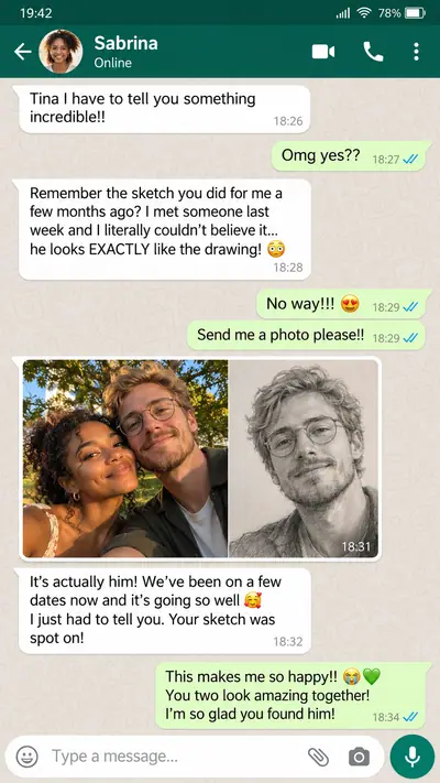 Illustration: a chat about meeting someone who looks like a soulmate sketch (not a real customer message)