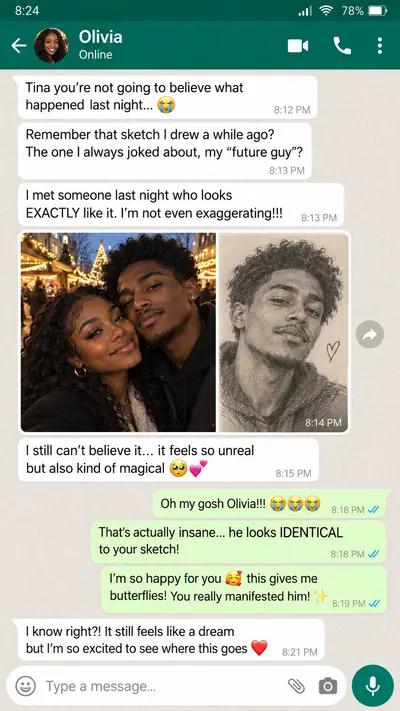 Illustration: a chat about meeting someone who looks like a soulmate sketch (not a real customer message)